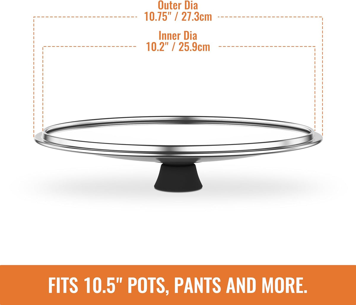 Tempered Glass Lids for Pots and Pans, Cast Iron Skillet Lid 10.5 Inch, Frying Pan Lid, Replacement Pan Cover, Wok, Crock Pot Lid with Wide Stainless Steel Rim, Heat Resistant Cookware Pan Lids