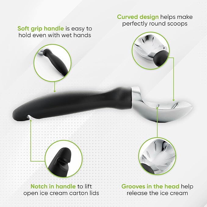 Spring Chef Heavy Duty Ice Cream Scoop with Comfortable Handle - Professional Ice Cream Scooper for Gelato, Sorbet, Cookie Dough, Melon, Frozen Yogurt - Dishwasher Safe Metal Kitchen Tool - Black