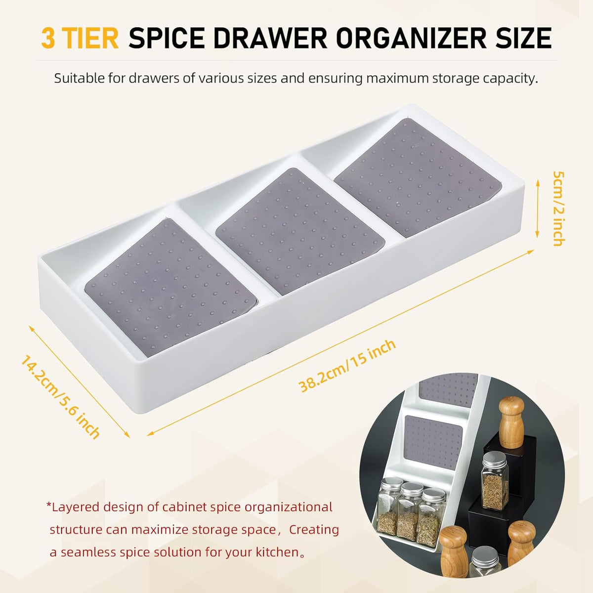 Spice Drawer Organizer, 3 Tier Non-Slip Silicone Seasoning Jars Drawer Insert, Spice Rack Organization for Drawer, Kitchen Spice Rack Tray for Cabinet Countertop Makeup Storage-1 Pack