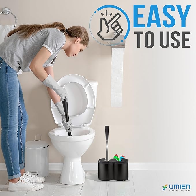 UMIEN Toilet Brush and Plunger Set 18-in - Updated 2025 No-Rust - Stainless Steel Design - Long Handles - with Freestanding Canister (Matte Black)