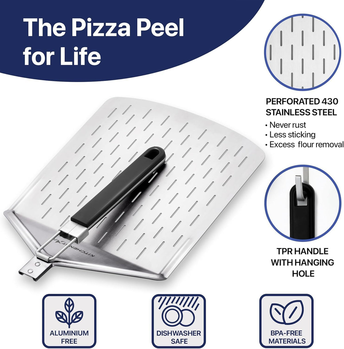 KitchenStar 12-inch Perforated Pizza Peel with Folding Handle - Stainless Steel Spatula Paddle for Effortless Pizza Transfer & Easy Storrage - Dishwasher Safe Pizza Oven Accessories
