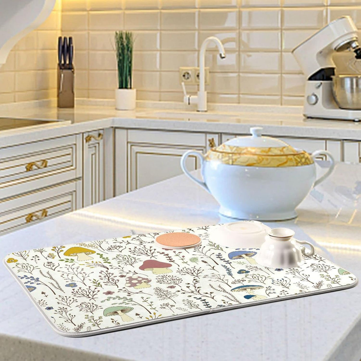 Cute Mushroom Wild Plant Dish Drying Mat for Kitchen Counter Absorbent Microfiber Drying Pad, Large 18x24 in, Reversible Drainer Mats