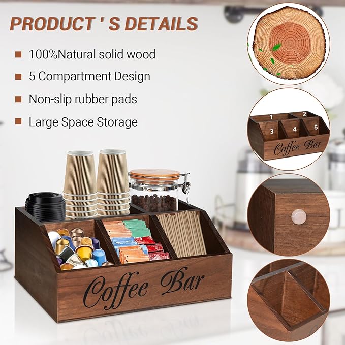 ugiftt Coffee Station Organizer for Counter, Wood Coffee Pods Holder Storage Basket, Tea Condiment Storage Organizer, Rustic Coffe Bar Decor for Accessories