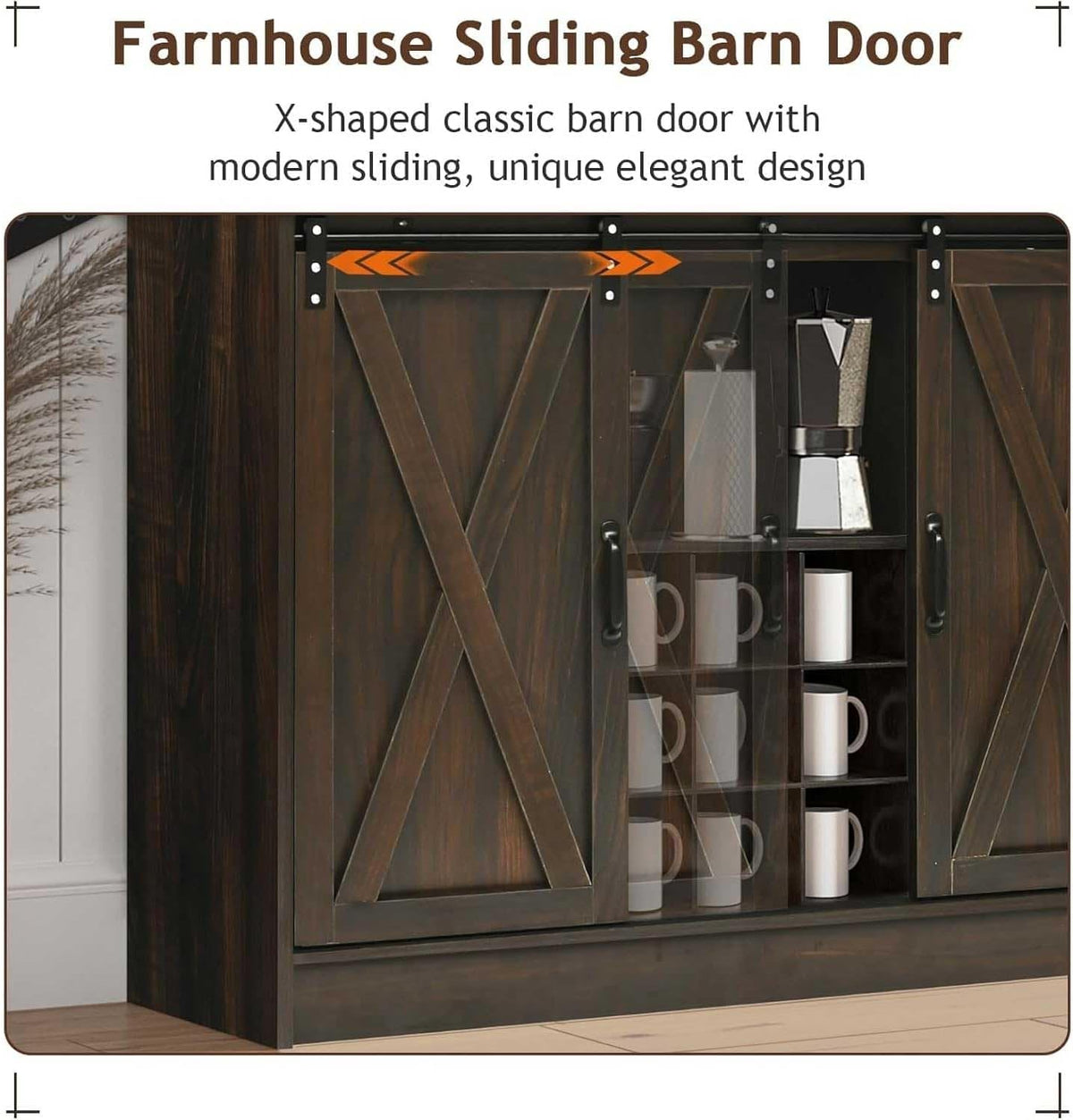 4ever2buy Farmhouse Coffee Bar Cabinet with 4 Mug Hooks, 72 Inch Wine Bar with with Hutch and 2 Sliding Barn Doors, Tall Coffee Bar with 9 Wine Racks for Living Dining Room, Dark Oak