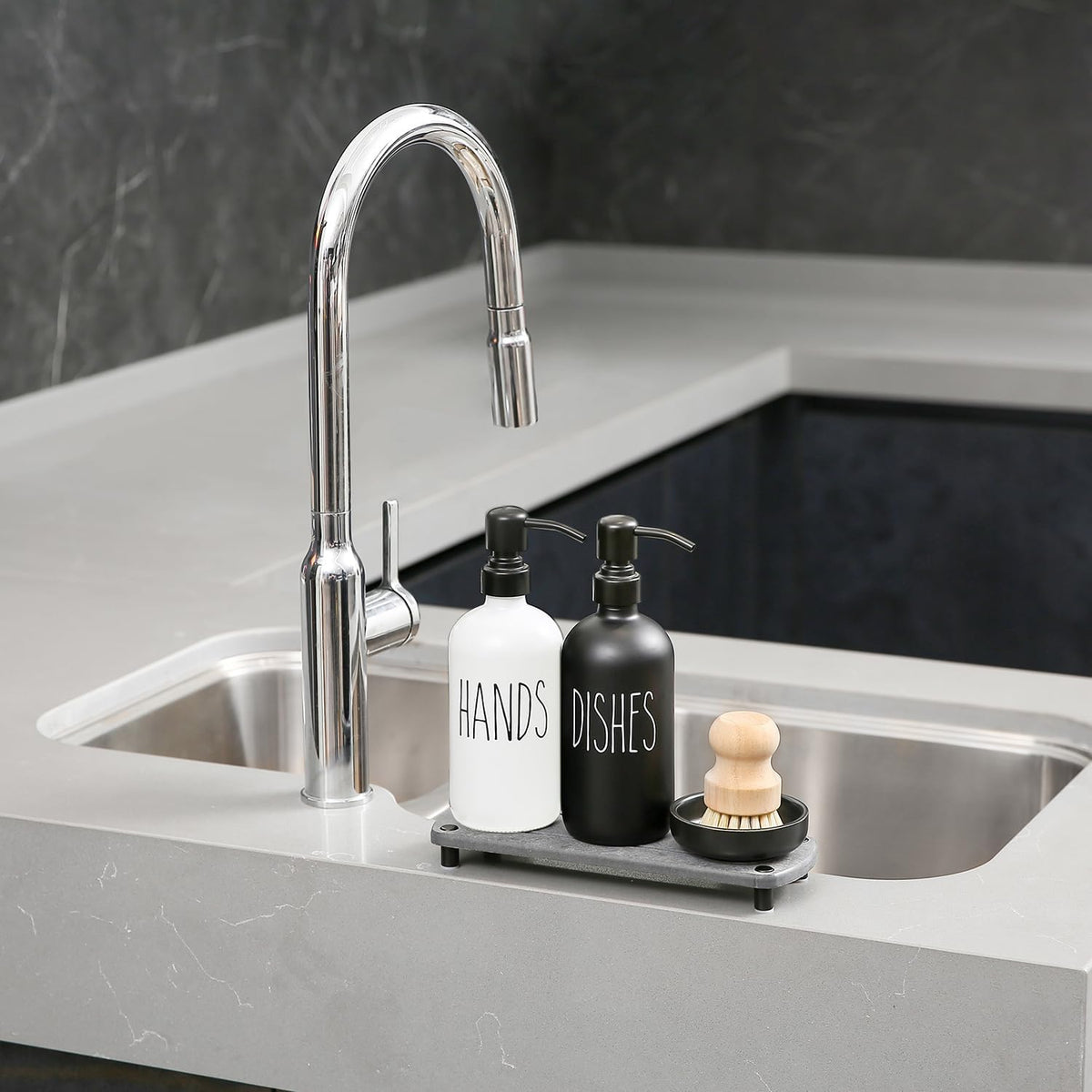 MOMEEMO Soap Dispenser for Kitchen Sink Comes with Stainless Pumps, Instant Dry Tray, and Dish Scrub Brush, Suitable for Black and White Kitchen Decor. (Black & White)