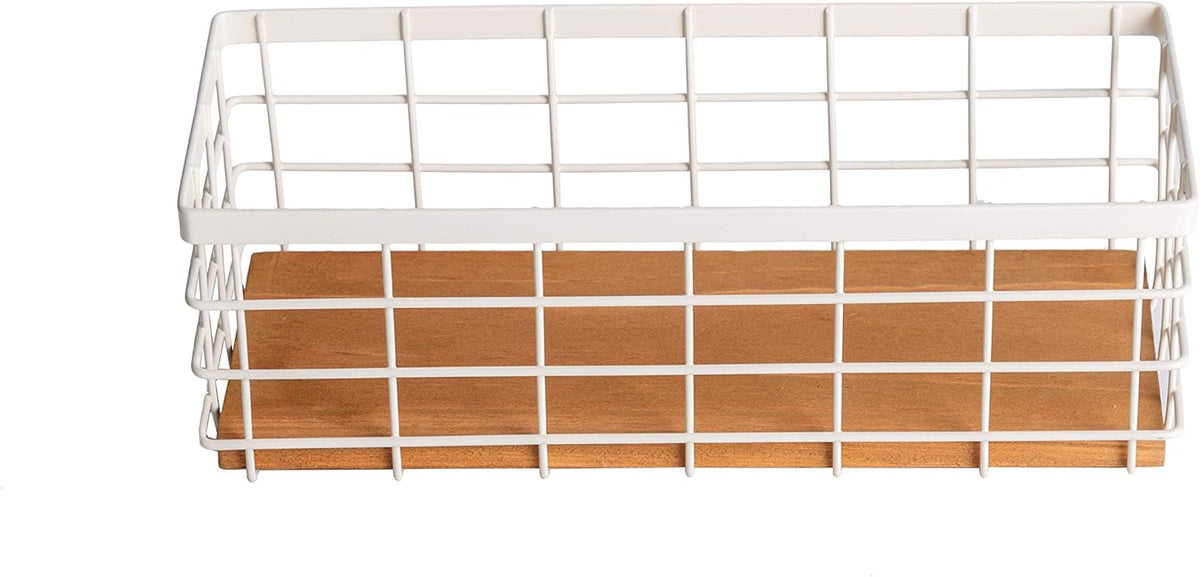 TIEYIPIN Small Metal Wire Storage Basket, Detachable Wood Base Storage Organizer Bin Basket for Kitchen Cabinets, Bathroom, Pantry, Garage, Laundry Room (Cream White, 4 Pack)