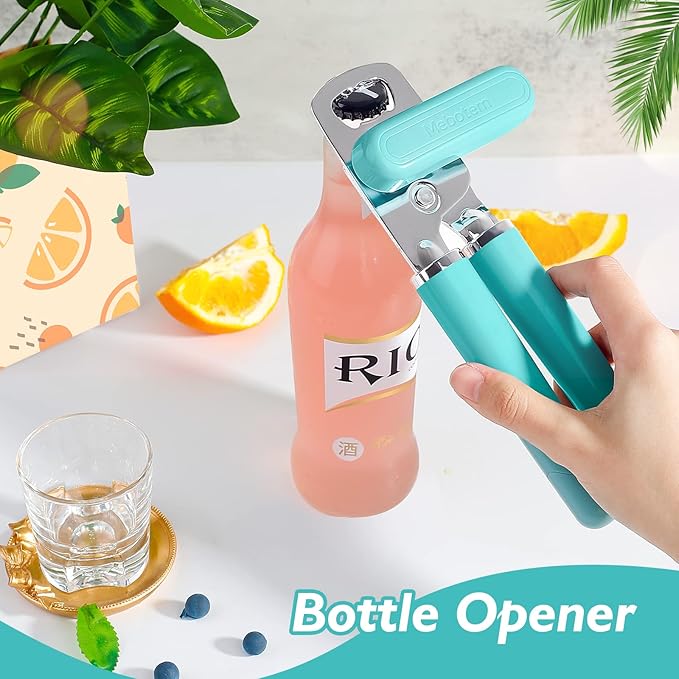 10 Colors Can Opener Manual Handheld Heavy Duty Hand Can Opener Smooth Edge Stainless Steel Can Openers Top Lid Kitchen Gadgets, Best Large Rated Easy Turn Knob, with Bottle Opener, Aqua Sky