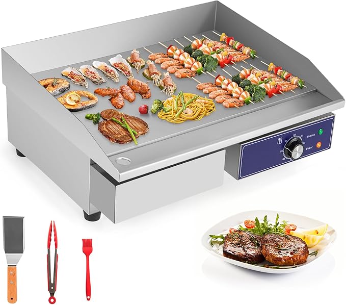 Giantex Commercial Griddle, 22" Electric Griddle 2000W, Cast Iron Griddle, Stainless Steel Frame, 122℉-572℉ Adjustable Temperature Control, Removable Oil Storage Box, Restaurant Teppanyaki Grill