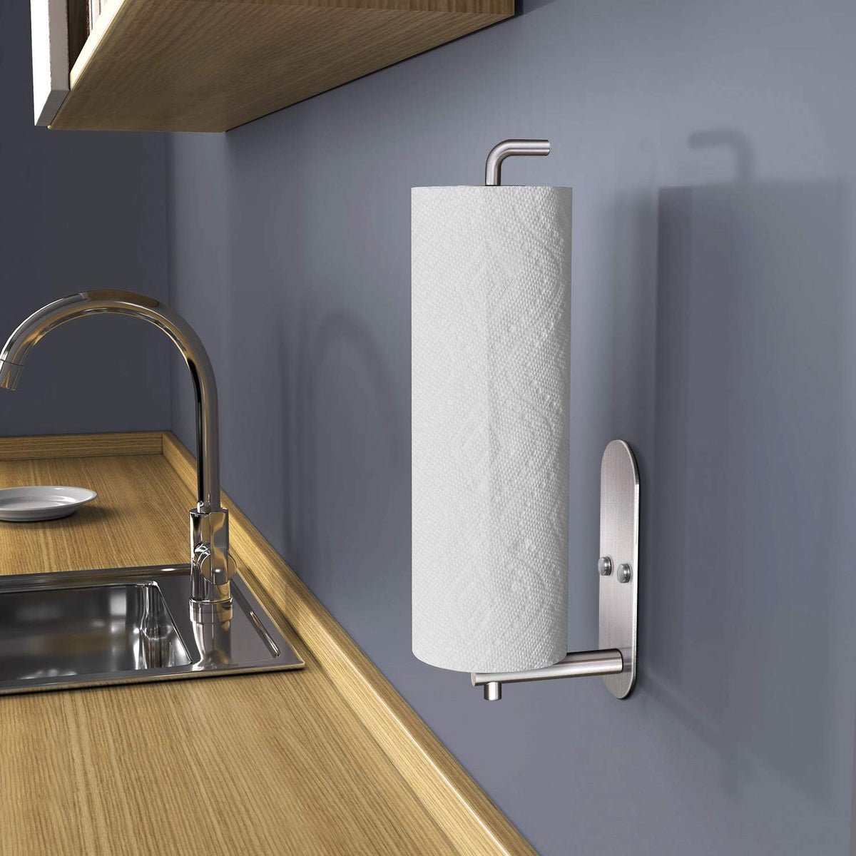 VAEHOLD Self Adhesive Paper Towel Holder Under Cabinet Mount, Wall Mounted Paper Towel Roll Holder for Kitchen, Bathroom, Wall - SUS304 Stainless Steel (Silver)