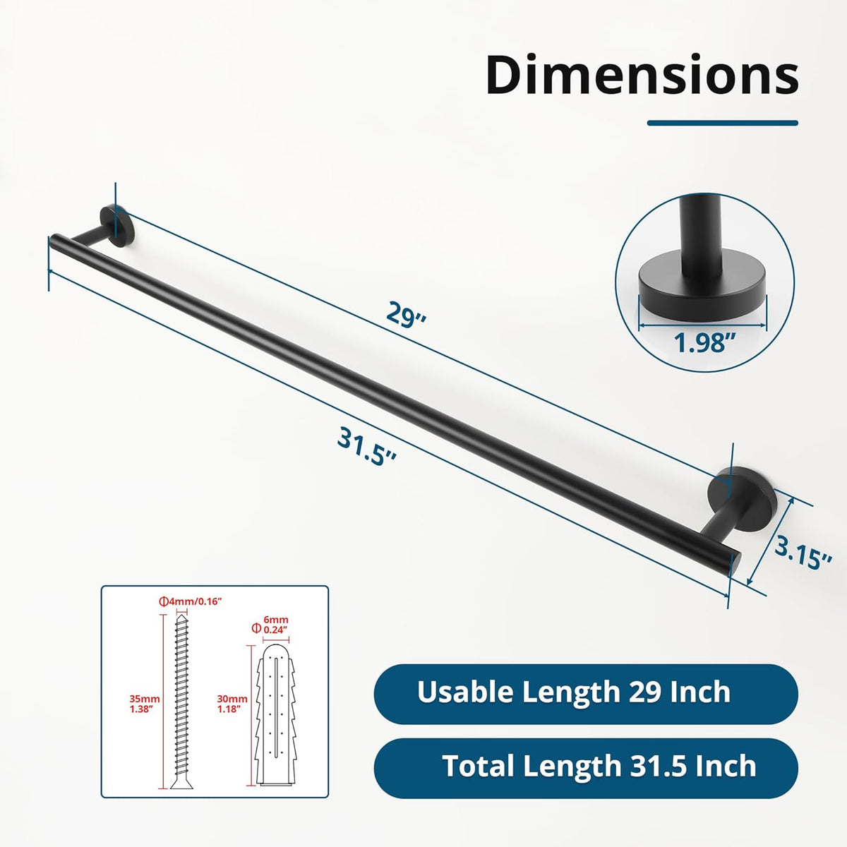 SAYAYO Black Towel Bar for Bathroom, Towel Rack Wall Mounted 31.5 Inch, Towel Rod Towel Holder SUS304 Stainless Steel (Hanging Length 29-Inch)