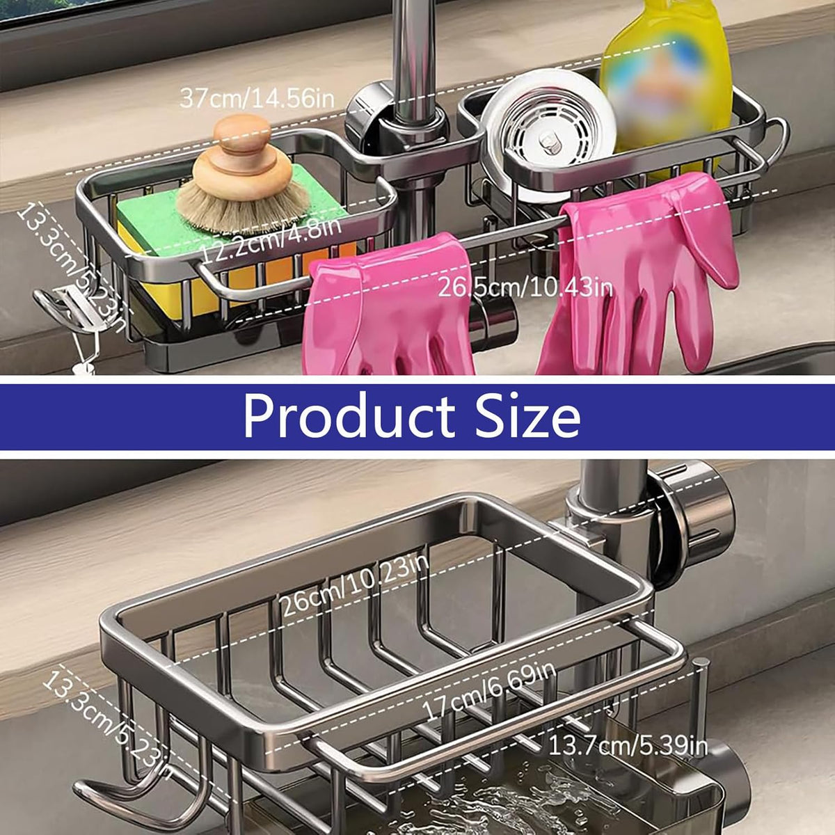 Kitchen Sink Faucet Organizer Multifunction Sponge Holder Organizer Sink Drain Holder Over Faucet Kitchen Sink Caddy with Hook Adjustable for 0.7-1.1inch Round Water Pipe (Black, S)