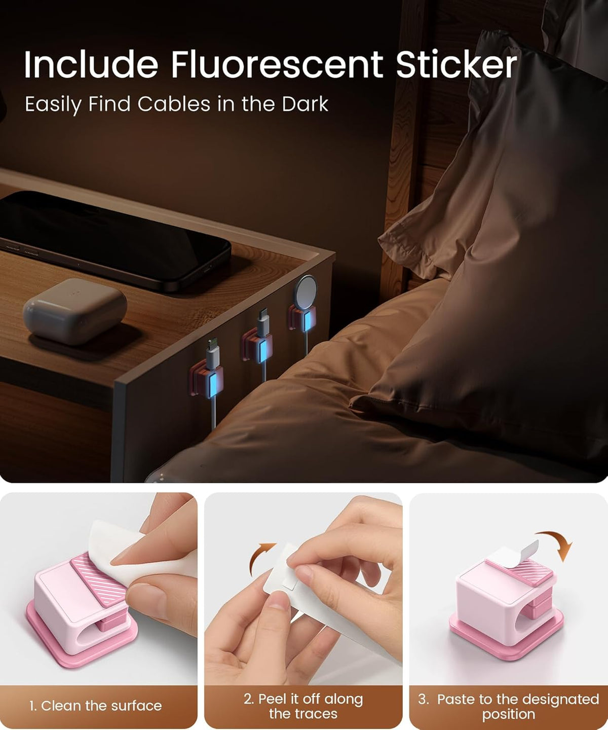 6 Pack Magnetic Cable Clips, Glow in The Dark Cable Holders, GolbinBox Cord Organizer with Shockproof Silicone, Fits up to 8mm Adhesive Cord Clips for Desk, Wall, Nightstand, Car, Home, Office, Pink