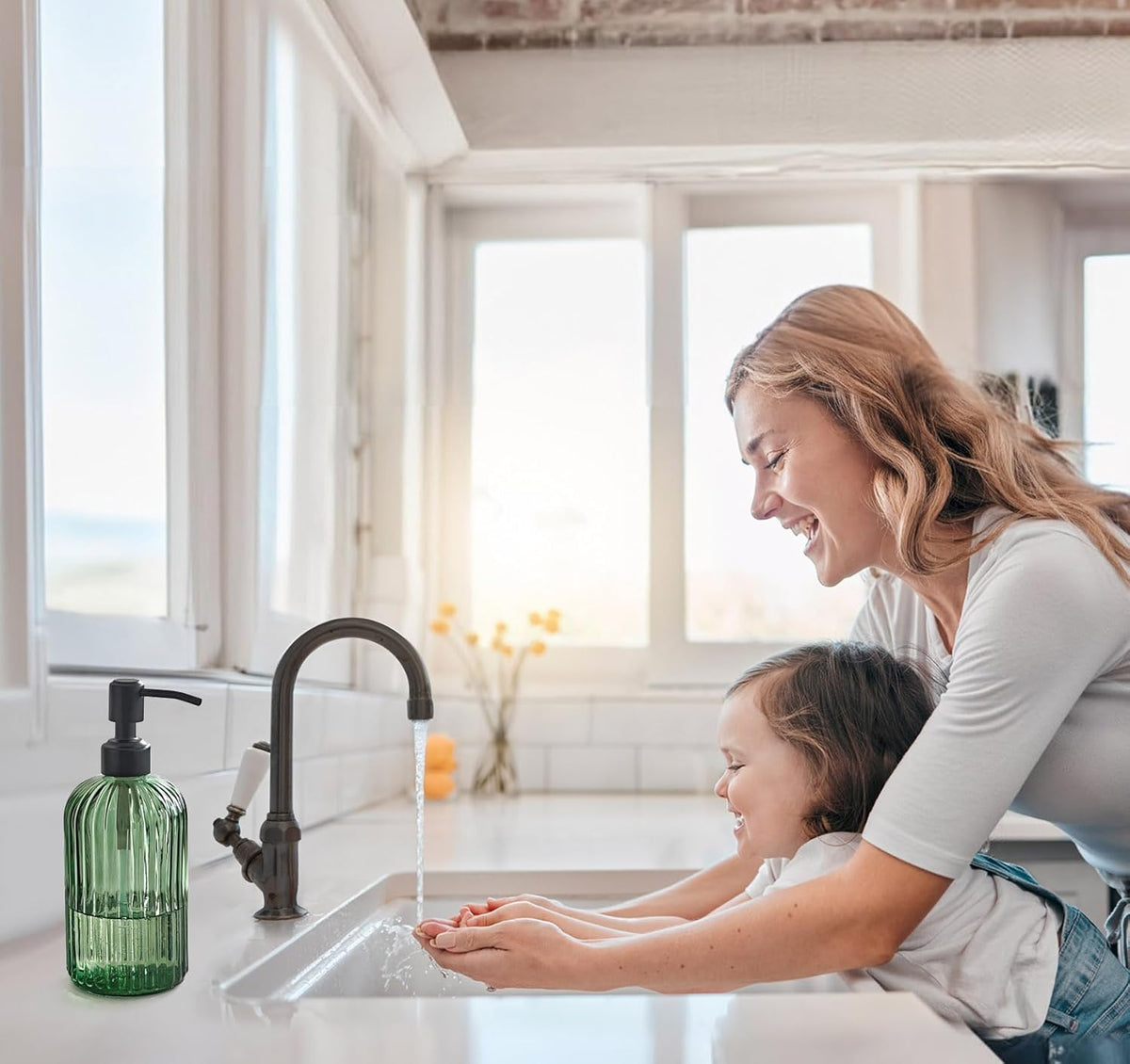 JASAI 18Oz Green Glass Soap Dispenser with Black Rust Proof Pump, Refillable Bathroom soap Dispenser with Thick Glass, Soap Dispenser Bathroom for Kitchen Dish soap, Hand Soap, Lotion, Body Wash.