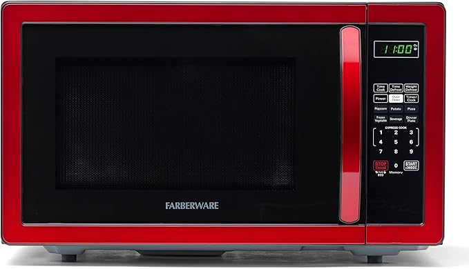 Farberware 1.1 Cu. Ft. Countertop Microwave Oven – 1000 Watts Power, Auto Cook Settings, Defrost, Easy Clean and Child Safety Lock - Metallic Red