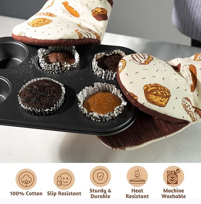 Folkulture Mini Oven Mitts Heat Resistant | (5.75 x 9) Set of 2 Short Oven Mitts with Hanging Loop | 100% Cotton Oven Gloves or Kitchen Mittens | Small Silicone Oven Mits or Baking Accesories