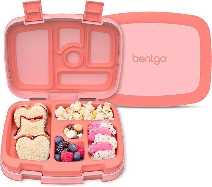 Bentgo Kids Bento-Style 5-Compartment Leak-Proof Lunch Box - Ideal Portion Sizes for Ages 3 to 7 - Durable, Drop-Proof, Dishwasher Safe, PFAS & BPA-Free & Made with Food-Safe Materials (Coral)