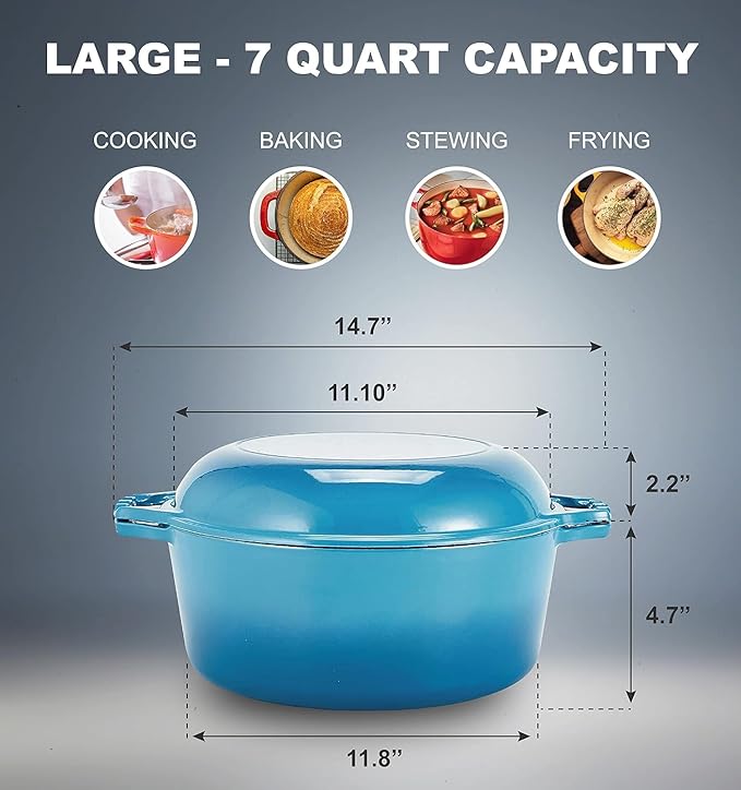 Bruntmor 2-in-1 Enamel Cast Iron Dutch Oven With Handles - Crock Pot Blue Cast Iron pot with Skillet lid - All-in-One Cookware Braising Pan for Casserole Dish - 7 Quart, Blue