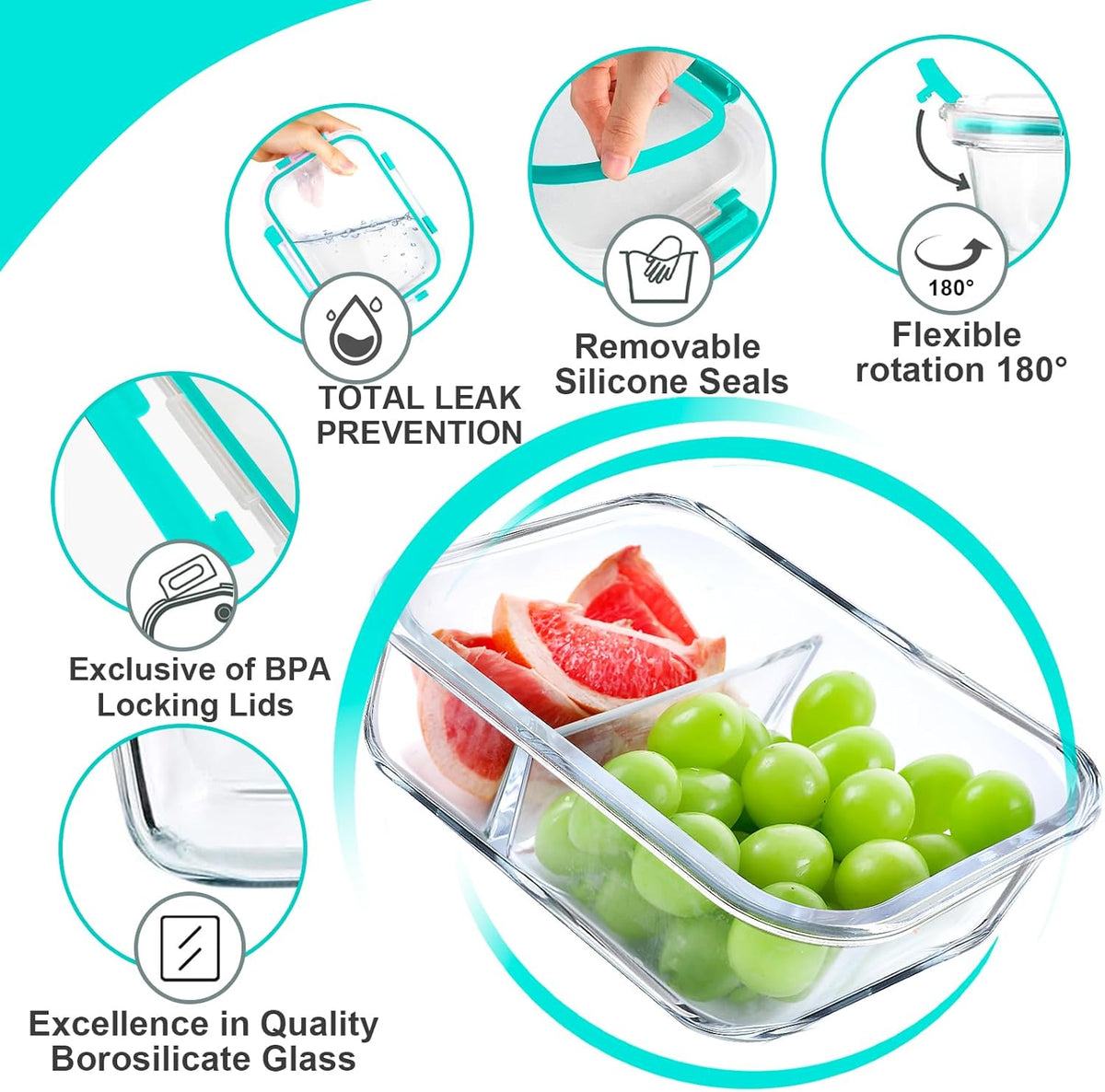 VERONES 5 Pack Glass Meal Prep Containers 2 Compartment Set, 36OZ Airtight Glass Lunch Containers, Glass Food Storage Containers with Lids, for Microwave, Oven, Freezer & Dishwasher Friendly,Green