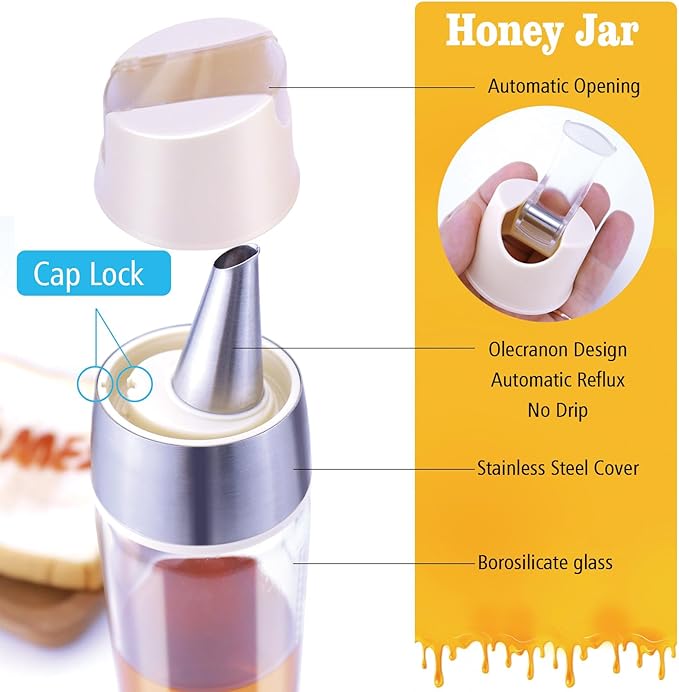Honey Dispenser No Drip, Maple Syrup Dispenser, Olive Oil Dispensers, Glass Jar with Stand, Beautiful Honey Container, Perfect Oil Pot