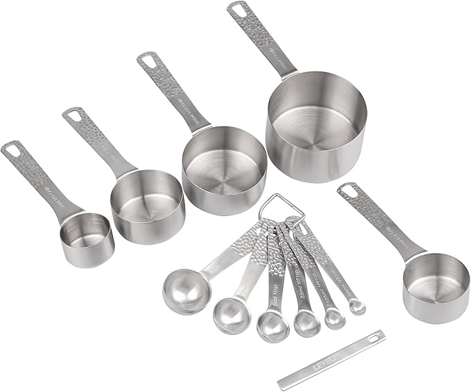 Measuring Cups and Spoons Set 12, Metric & US 18/8 Stainless Steel 5 Measuring Cups &6 Spoons &1 Leveler for Kitchen and Baking