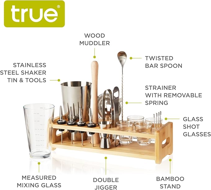 True 20-Piece Cocktail Shaker Bar Set with Wooden Stand Includes Boston Shaker, Mixing Glass, Muddler, Jigger, Strainer, Bartender Kit for Mixed Drinks, Cold Brew Cocktails, Home Bar Tools