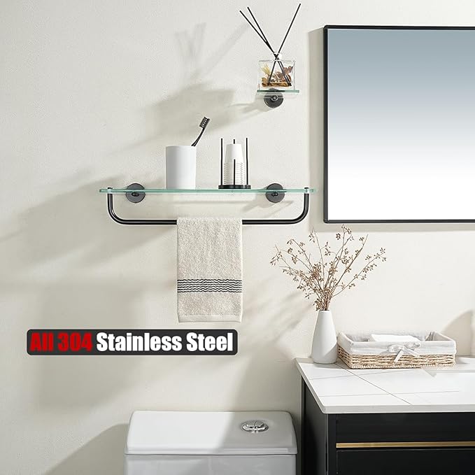JQK Bathroom Glass Shelf Bronze, Shelf with 19 Inch Towel Bar Tempered Glass Shower Storage 20 by 5 inches, 304 Stainless Steel Oil Rubbed Bronze Wall Mount, TGS100L20-ORB
