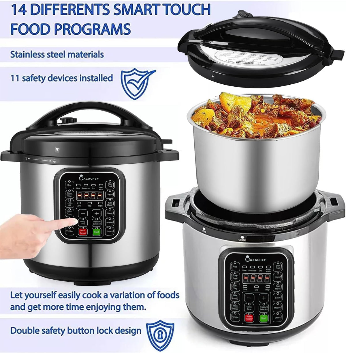 8qt stainless steel Pressure Cooker | 24-hour Presetting electric rice cooker, 14 in 1 slow cooker with temperature control | LED Multifunction Steamer, Food Warmer with nonstick pot