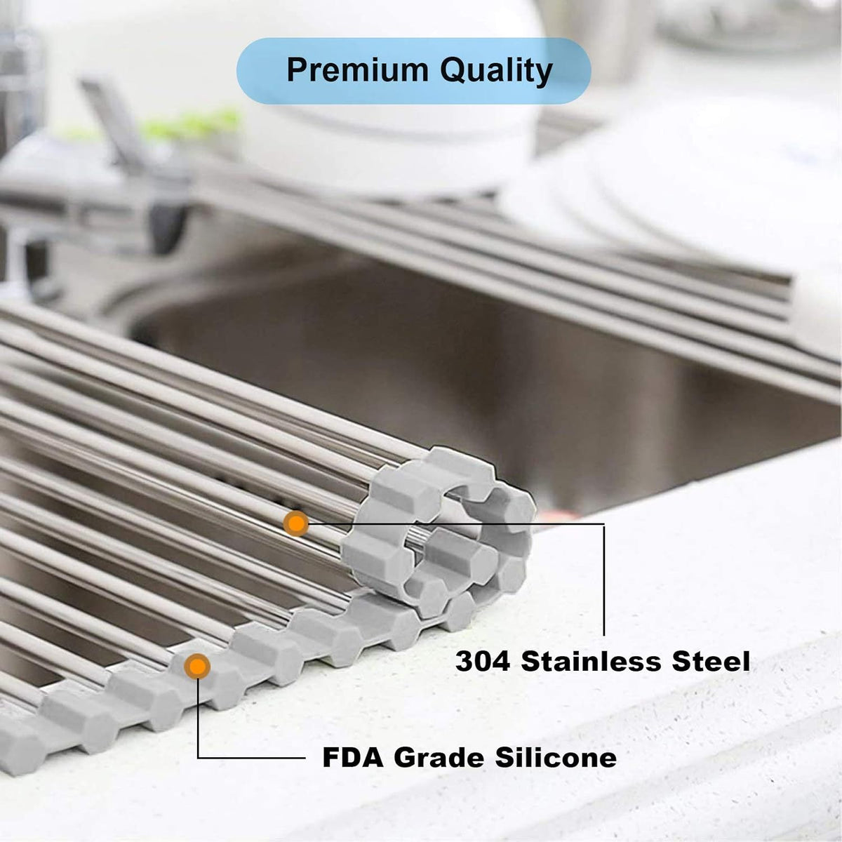 Searik Over The Sink Dish Drying Rack, Roll up Sink Dish Drainer Rack Foldable Kitchen Stainless Steel Dish Rack Sink Drying Rack (17.7"x 11.8")