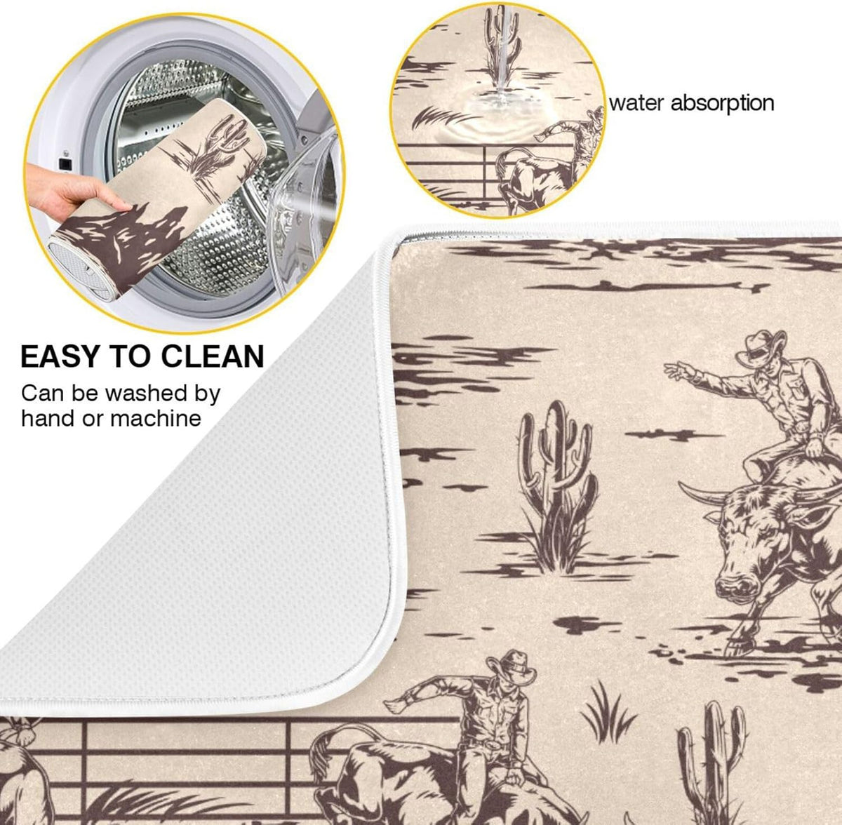 West Cactus Cowboy Dish Drying Mat for Kitchen Counter Absorbent Microfiber Drying Pad, Medium 16x18 in, Reversible Drainer Mats