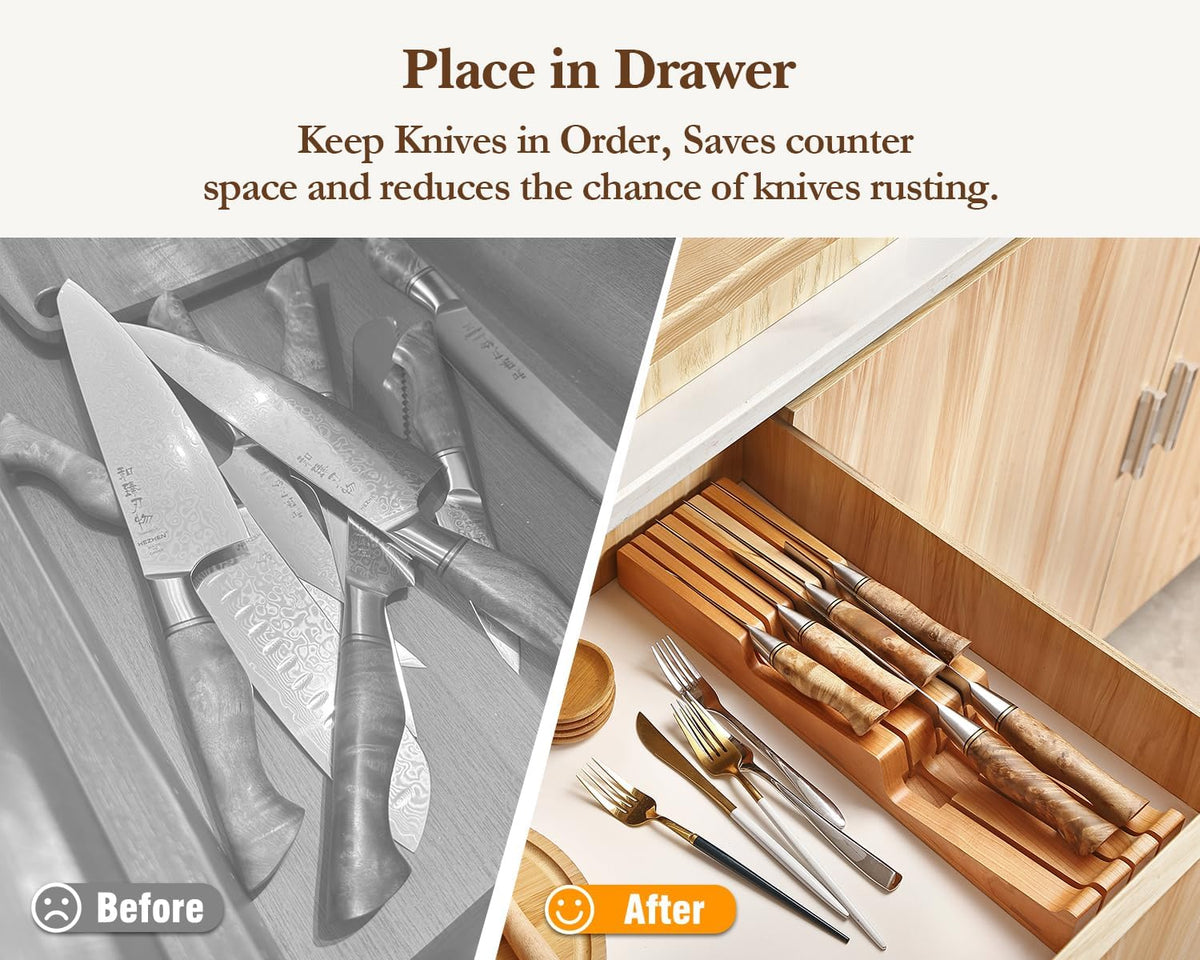 HEZHEN 7-slot Cherry Wood In-drawer Knife Tray,Kitchen Storage Organization Organizer Insert,Saves Countertop Space
