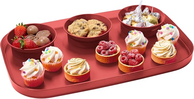 madesmart Dipware 3-Bowl Reusable Serving Tray for Appetizers and Snacks, Food-Safe Appetizer Serving Platter with 3 Removable Dip Bowls, Red
