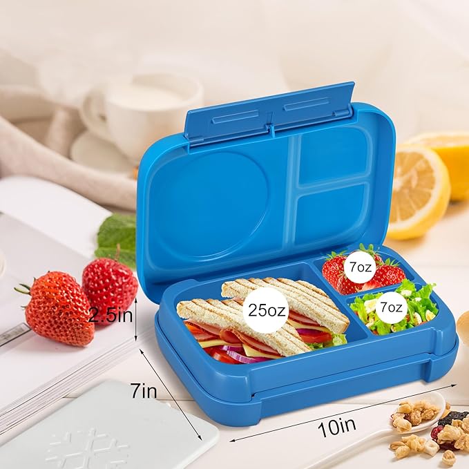 Kids Chill Leak-Proof Lunch Box-Included Reusable Ice Pack Keeps Food Cold;3-Compartment Bento Lunch Container,Microwave & Dishwasher Safe,Bento Lunch Box for School,Trvael (Blue)