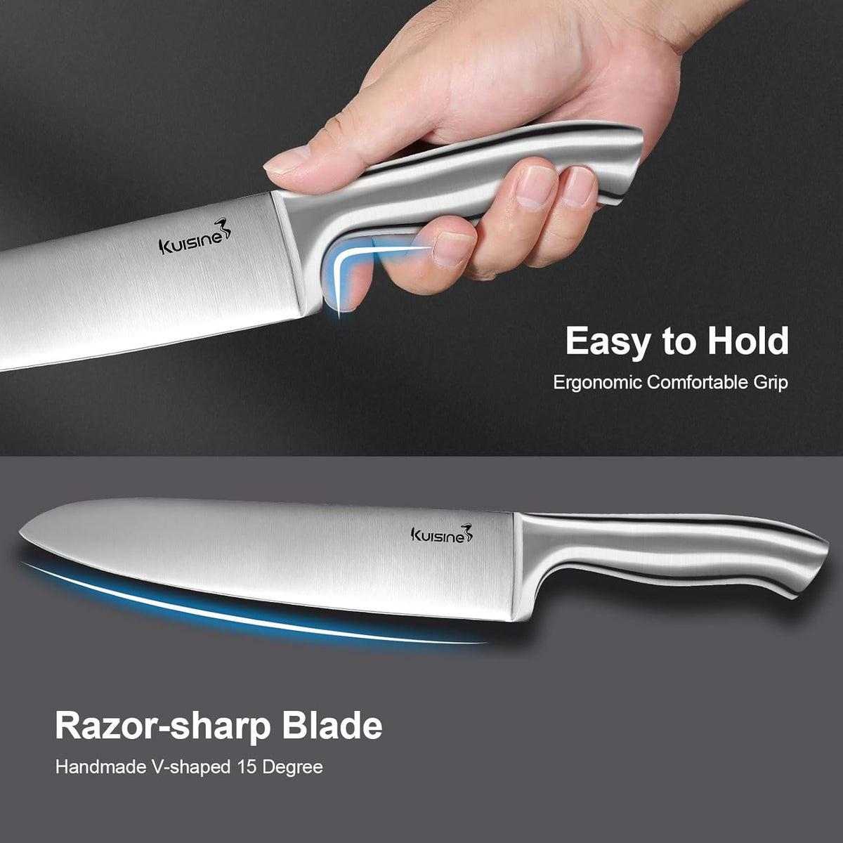 Kuisine Sharp Knife Set,One-piece Molding,Sharper Blade Ergonomic Non-slip Steel Handle,Block Knife Set Chef Knife Set with Built-in Sharpener(Black,15PCS)