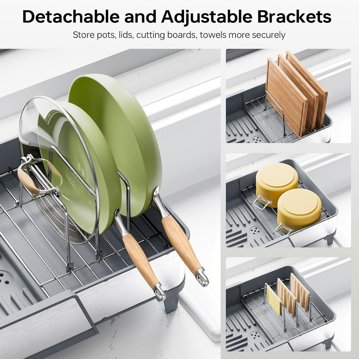 Triple Expandable Dish Drying Rack, Extra Large Dish Rack for Kitchen Counter, Stainless Steel Dish Drying Rack, Foldable Dishes Drainer, Extendable Dish Strainer with Utensil & Pans Holder, Gray