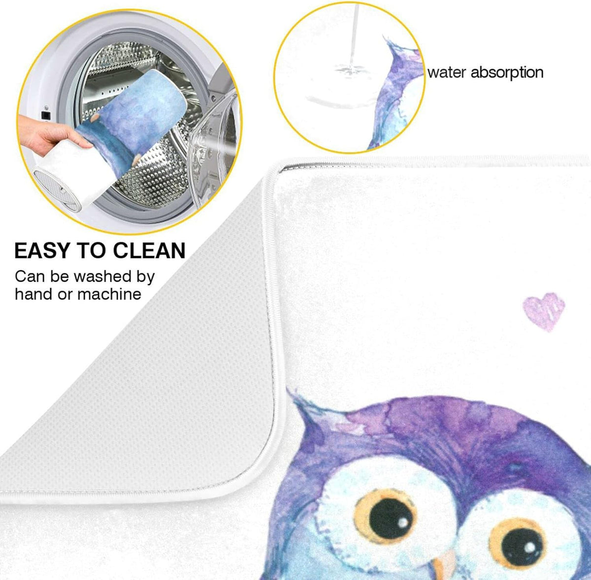 Cute Owl Dish Drying Mat for Kitchen Counter Absorbent Microfiber Drying Pad, Medium 16x18 in, Reversible Drainer Mats