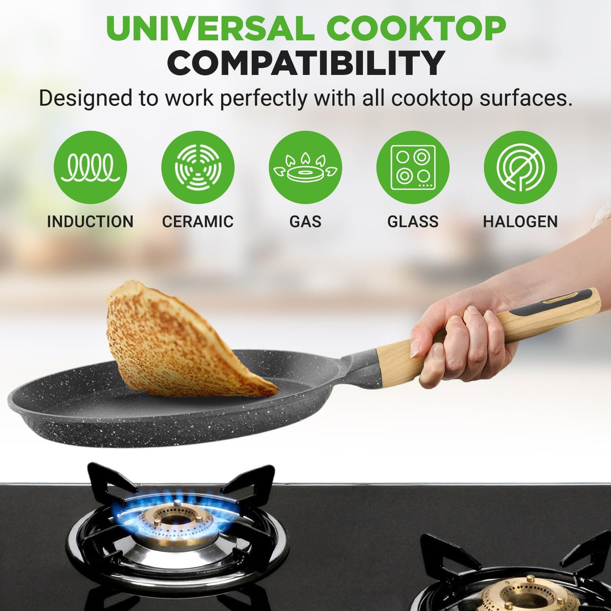 Nutrichef 2-Pack Non-Stick Crepe Pan Set – 11” Marble Coated Dosa Pans with Wooden Spreaders, Bakelite and Wood Handles, Induction-Compatible, Easy-to-Clean, Stain-Resistant (Black Marble)