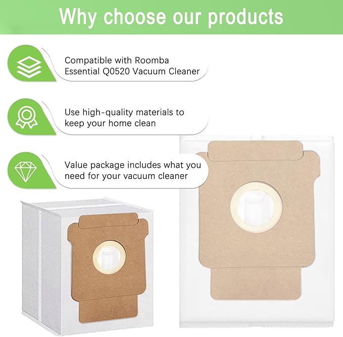 12 Pack Q0520 Vacuum Bags for iRobot Roomba Vacuum 2 Q0520 Essential Robot Vacuum Cleaner,Roomba 105 Combo/Vac,Plus 405 404 505 Combo Max 705 Vac,Max 705 Combo Robot,Disposable Auto-Empty Dust Bin Bag