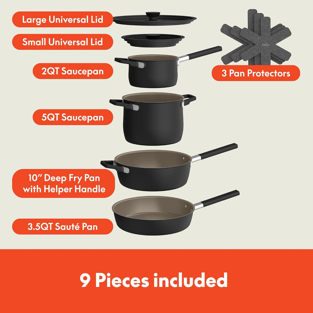 bella 9 Piece Ceramic Nonstick Cookware Set, Fits-anywhere™ Kitchenware w EverGood™ Coating, Dishwasher & Oven Safe, All Stovetops Compatible, Stackable Design, Cool Touch Handles, Black