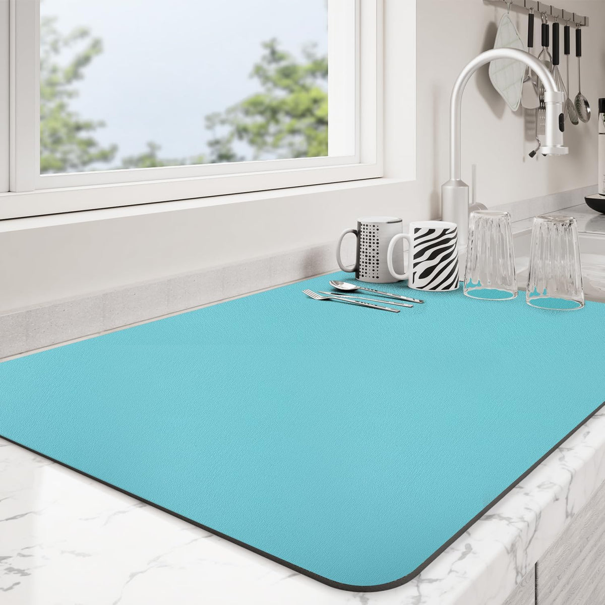 Dish Drying Mat for Kitchen Counter | Coffee Bar Mat for Countertops | Heat Resistant Drainer Mat with Non-slip Rubber Backed | Hide Stain Kitchen Absorbent Draining Mat | Turquoise 18"x32"