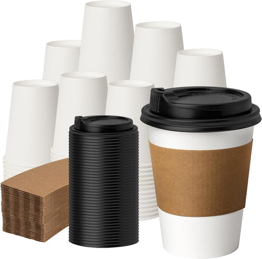 100 Pack 12 oz Disposable Coffee Cups with Lids and Sleeves, Paper Coffee Cups for Hot/Cold Drinks, Leak-Proof To Go Cups with Lids for Home, Cafes, Events and Office