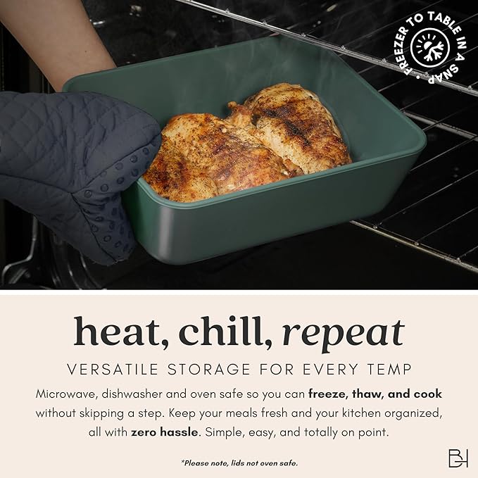 Ceramic Coated Glass Food Storage Container | No PTFE, PFOA, PFAS, and BPA | Reusable Non Toxic Meal Prep Container with Glass Lid | Easy To Store | 8 Cup Square [Pine]