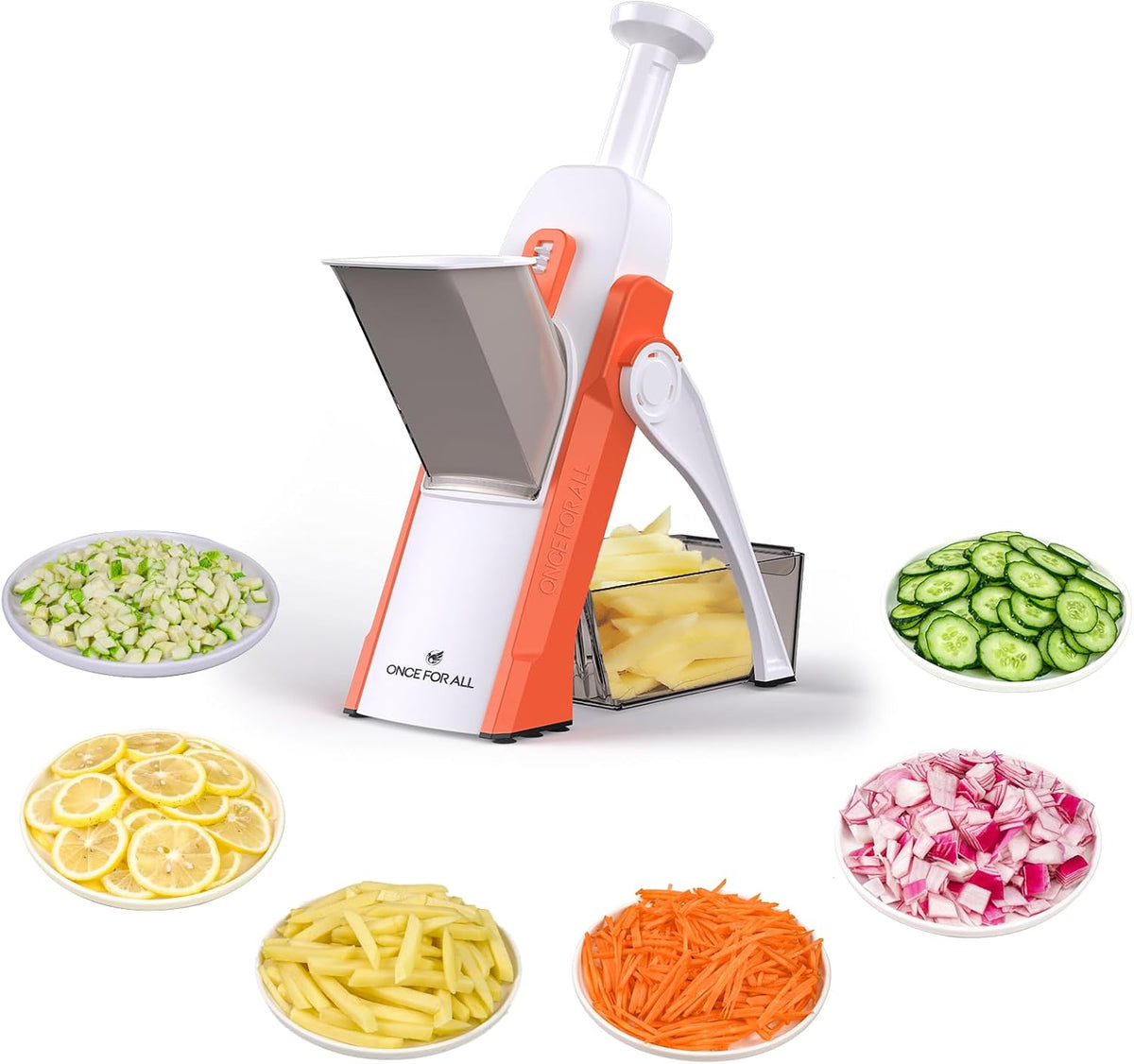 ONCE FOR ALL Safe Mandoline Slicer 5 in 1 Vegetable Cutter, Strips Julienne Dicer Adjustable Thickness 0.1-8 mm for Kitench Fast Meal Prep (Orange)