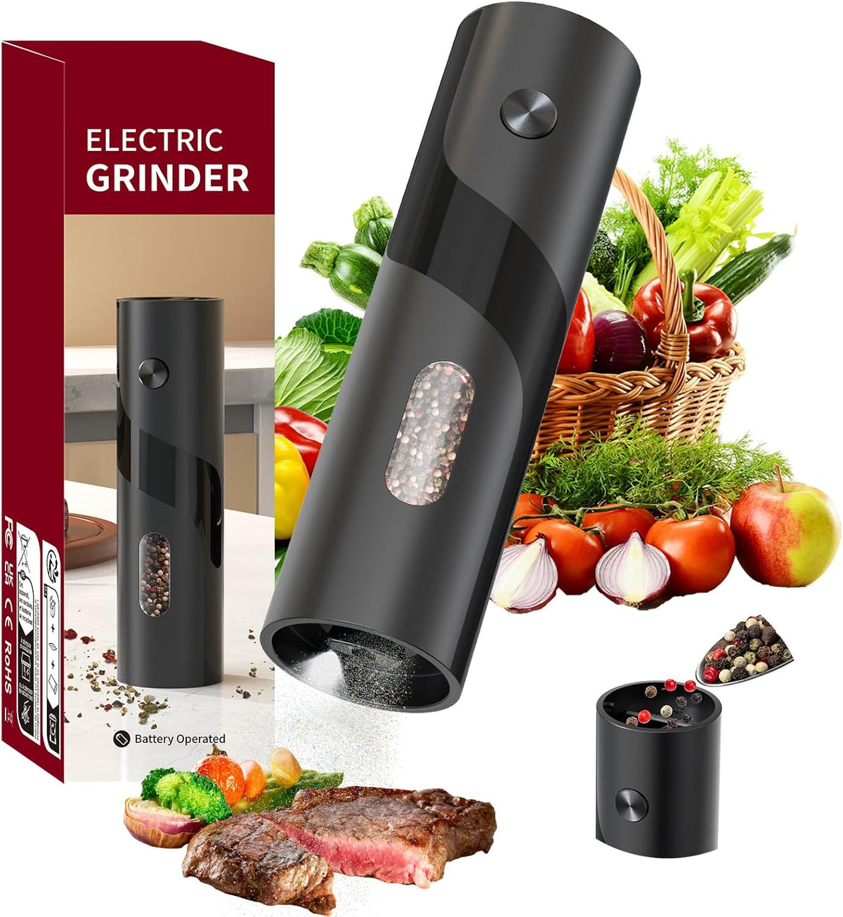 CIRCLE JOY Electric Pepper Mill Top-Refill Battery Operated Black Pepper Grinder with Upgraded Large Capacity, Adjustable Coarseness, Led Light
