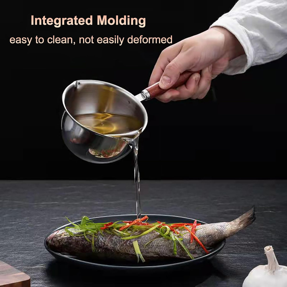 Butter Warmer Pot, Stainless Steel Milk Warmer with Wooden Handle for Seafood, Mini Butter Melting Pot Small Saucepan with Dual Pour Spouts for Stove Top Cooking (300ml)