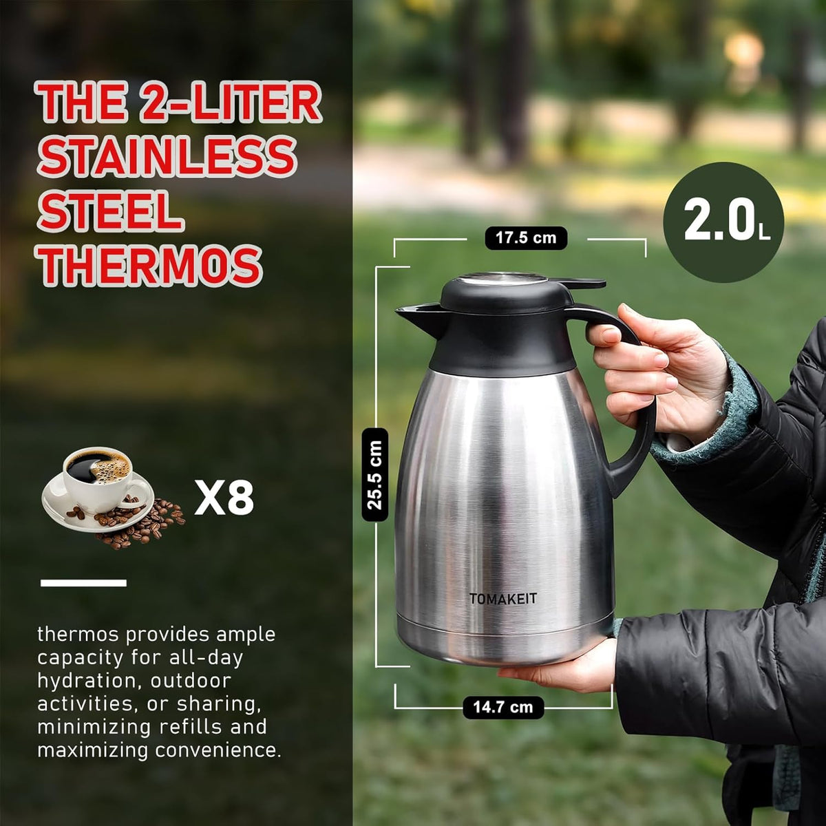 Thermal Coffee Carafe, 2L/68 Oz Stainless Steel Vacuum Insulated Thermoses, Double-Wall Design, 24-Hour Hot & Cold, Leak-Proof, Portable for Travel,Camping,Office