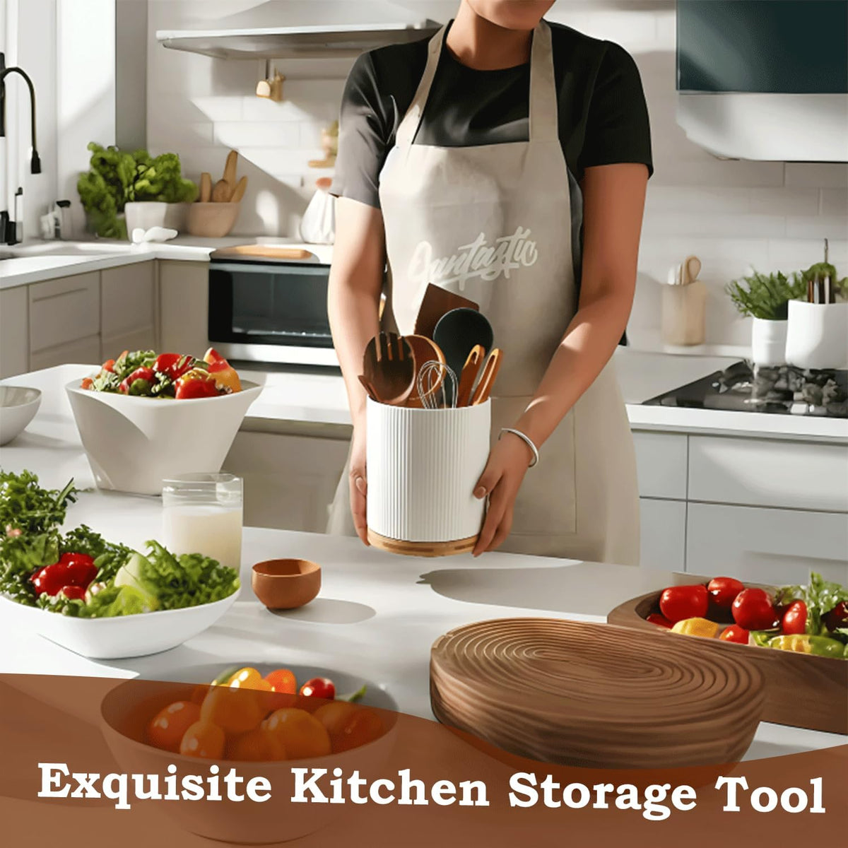 Utensils Holder 360° Rotating Ceramic Kitchen Utensils Holder for Countertop, Utensil Crock for Farmhouse Kitchen Décor, Rotatable & Detachable Wooden Base [White]