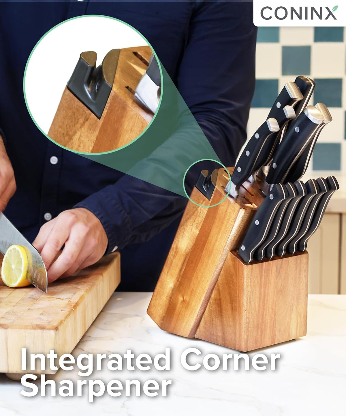 Coninx Universal Knife Block with Built-In Sharpener – 15-Slot Acacia Wood Knife Organizer Stand for Kitchen Counter – Non-Slip Holder Fits Chef, Bread, Steak Knives & Scissors