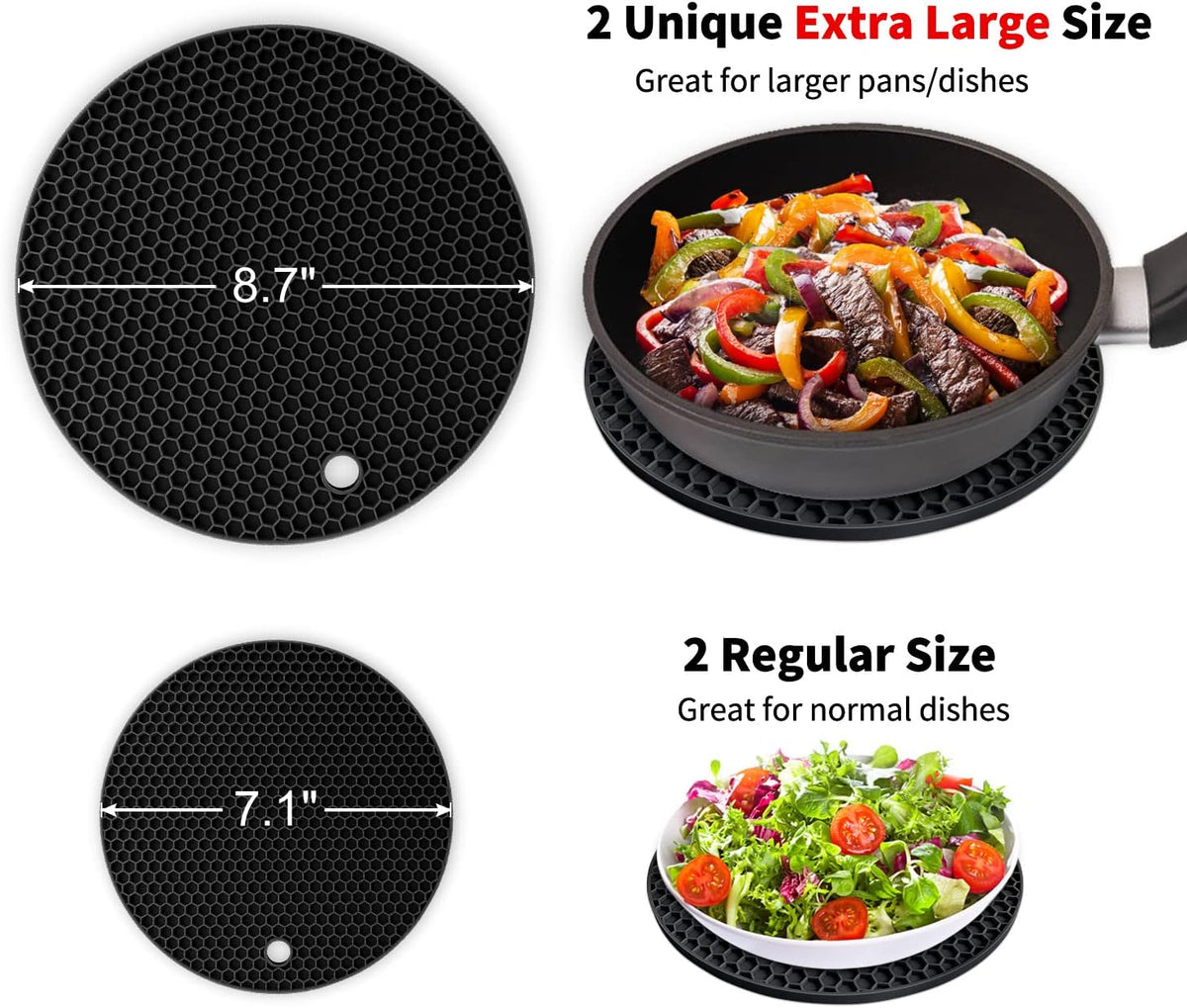 Silicone Trivet Mats - Walfos Heat Resistant Pot Holders Set, 4pcs 2 Sizes 7 Inch & 9 Inch, Multipurpose Non-Slip Hot Pads for Hot Pot, Hot Dishers, Jar Opener, Food Grade & BPA Free (Black)