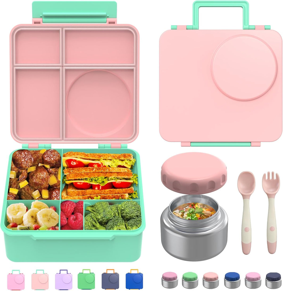 Bento Box for Kids - Leak-Proof Lunch Box with Insulated Thermos Food Jar - 4 Compartments, 1 Removable Divider, 1Spoon, 1 Fork - Dishwasher Safe, BPA-Free (Light pink)