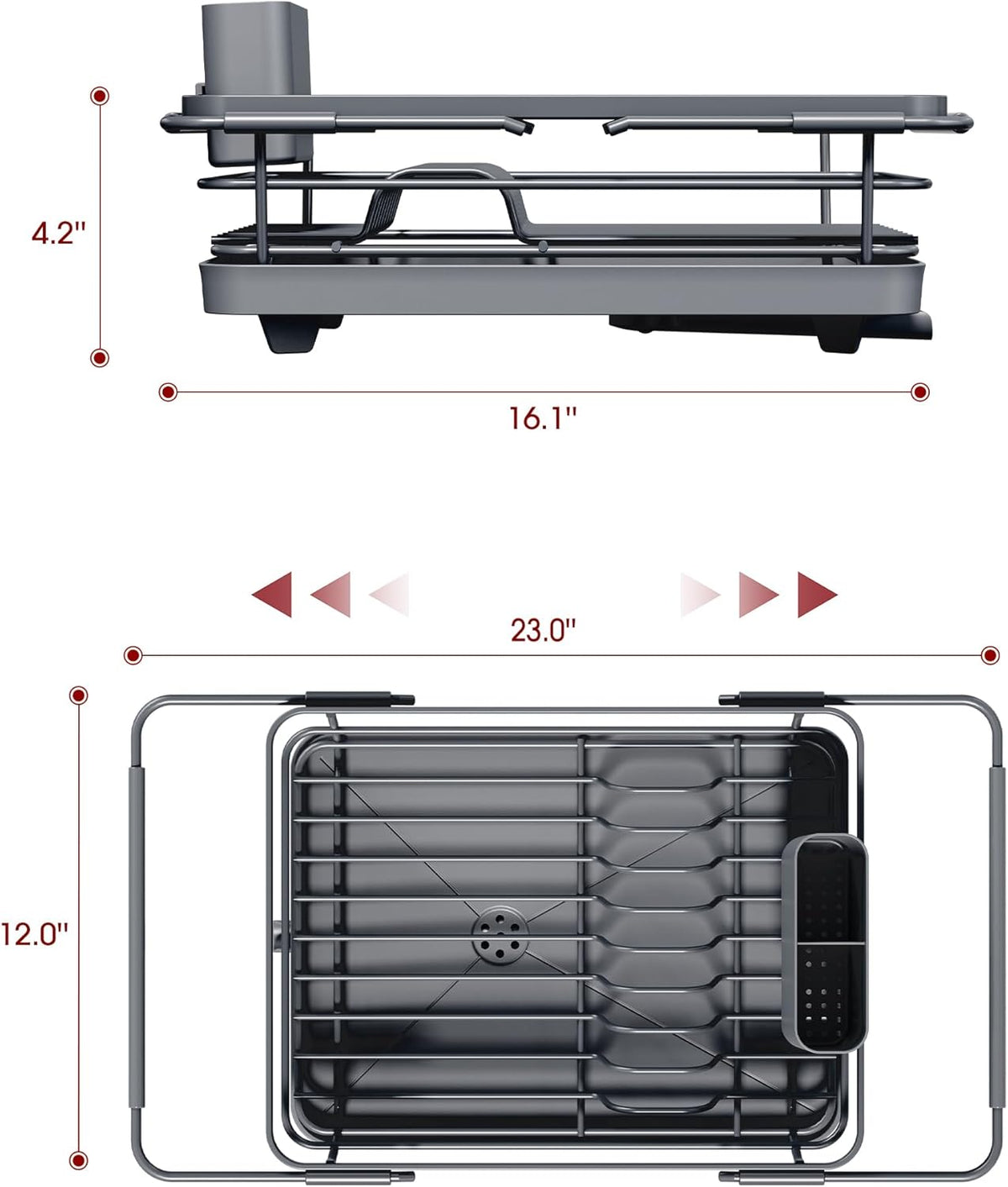 Over Sink Dish Drying Rack with Drain Board, Stainless Steel 2 in 1 Sink Organization and Storage, Dish Drainer for Kitchen Counter, Home and Apartment Essentials, 12" W x 16.1~23" L, Gray